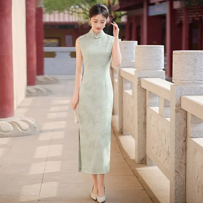 Green Jacquard Sleeveless New Chinese Suzhou Long Cheongsam Female Qipao Spring/Summer Evening Dress