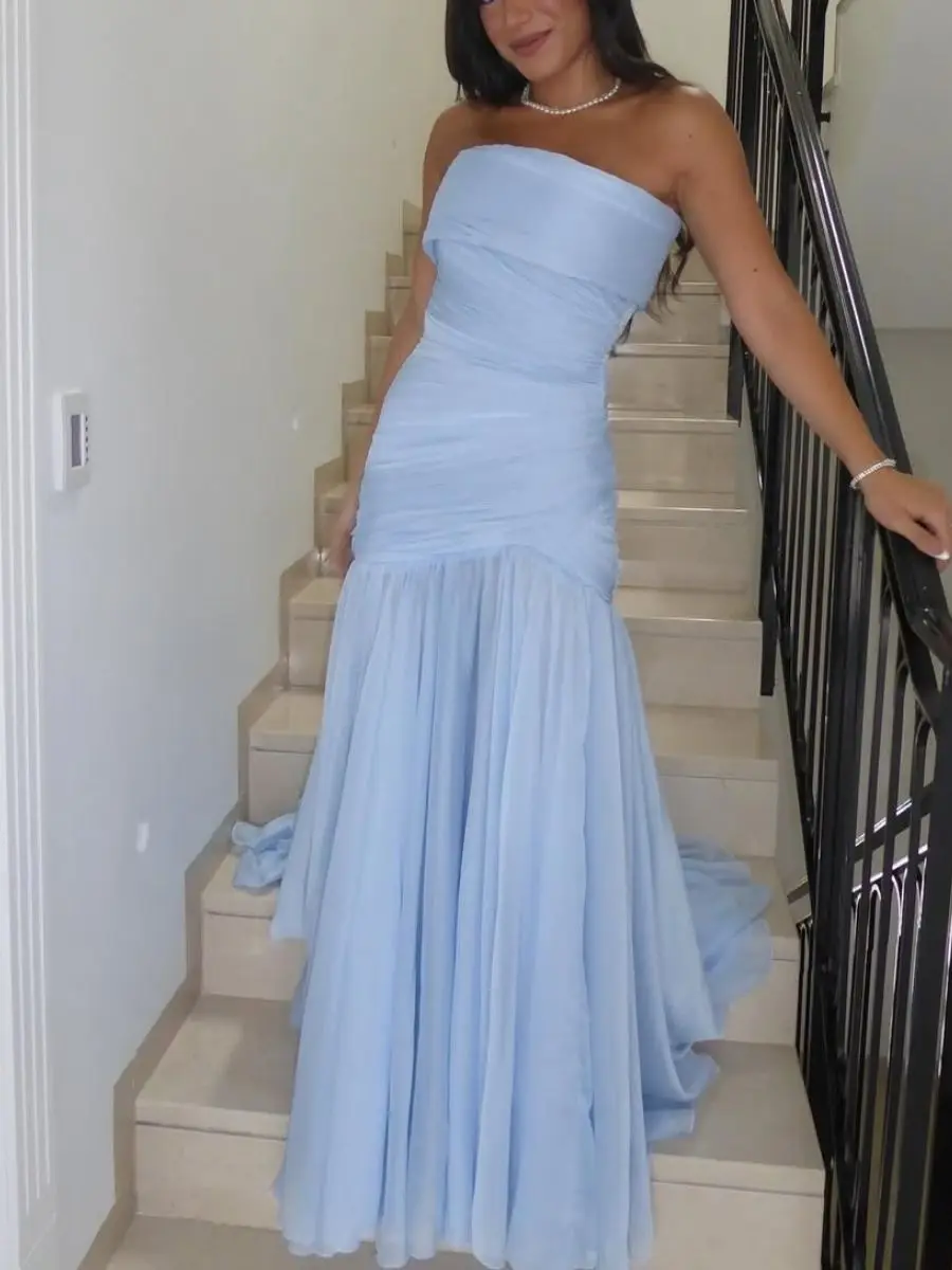Folded Strapless Sleeveless Floor Length A-Line Dress Evening Gown Wedding Guest Gown Targeted Ruched Back Zip Cocktail Dress