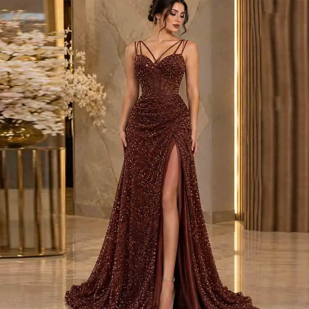 Customized Sequin Spaghetti Strap Evening Dress with Split Sweetheart Mermaid Birthday Party Gown Draped Sweep Train Maxi Dress