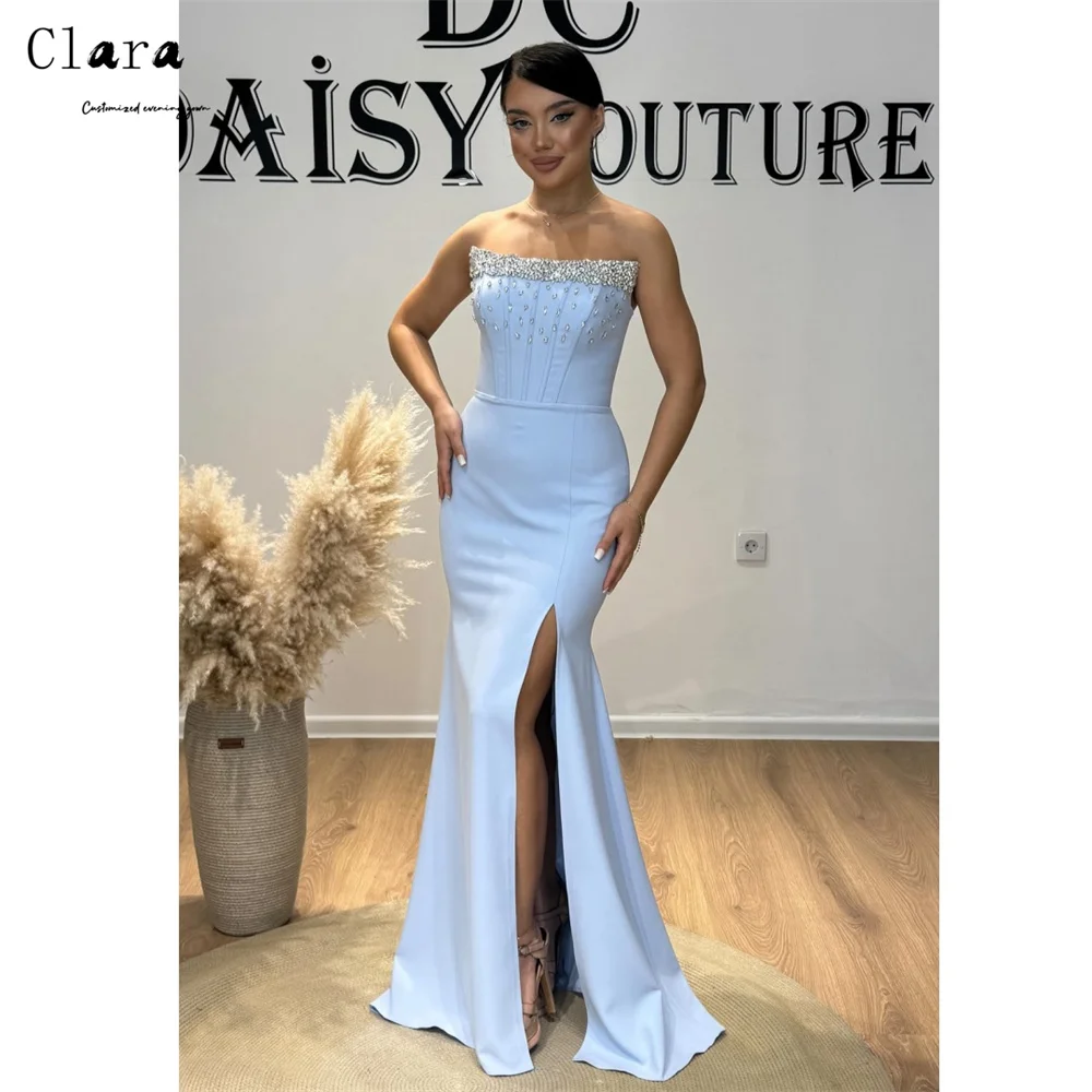 Clara Custom Sky Blue Fishtail Side Slit Rhinestones Elegant and Chic Luxury Evening Dresses 2026 Elegant Woman Dress Party Prom