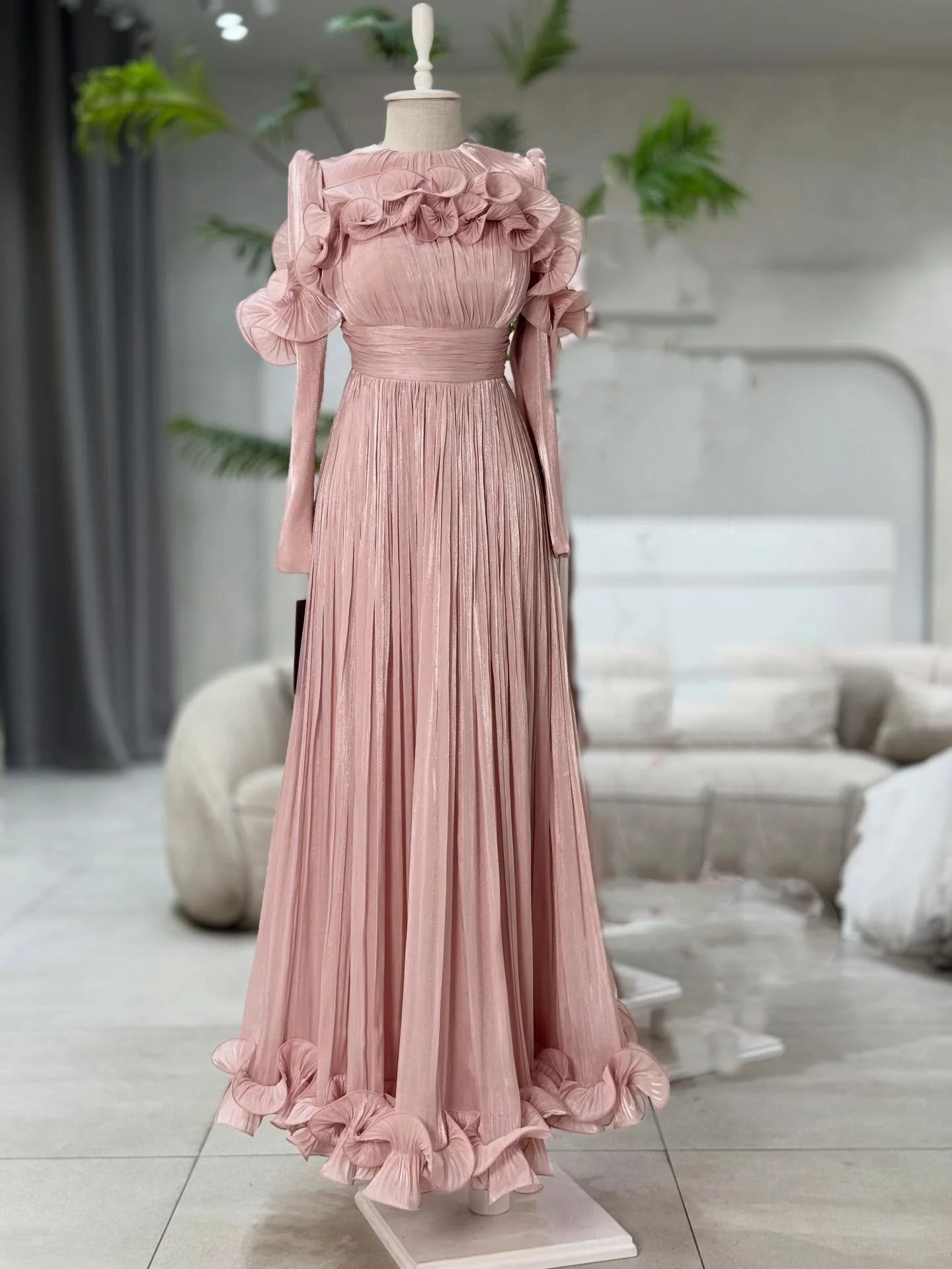Customized High Quality Chiffon Pleat Ruffle A-line Scoop Neck Long Bespoke Occasion Prom Dresses Sizes Available