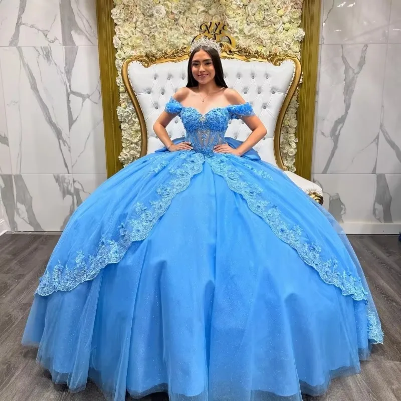 Customized Shiny Blue Quinceanera Dresses With Bow Beading Lace Crystals Vestidos De 15 Anos Birthday Party Gown - Aliexpress UK