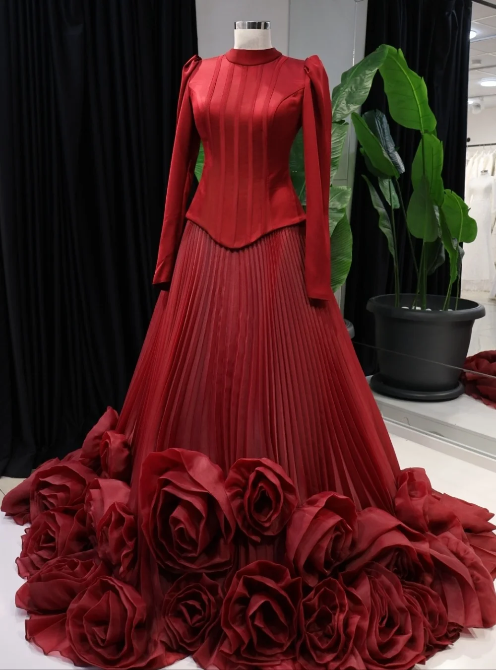 Customized Simple Jersey Pleat Handmade Flower A-line High Collar Long Bespoke Occasion Prom Dresses Formal