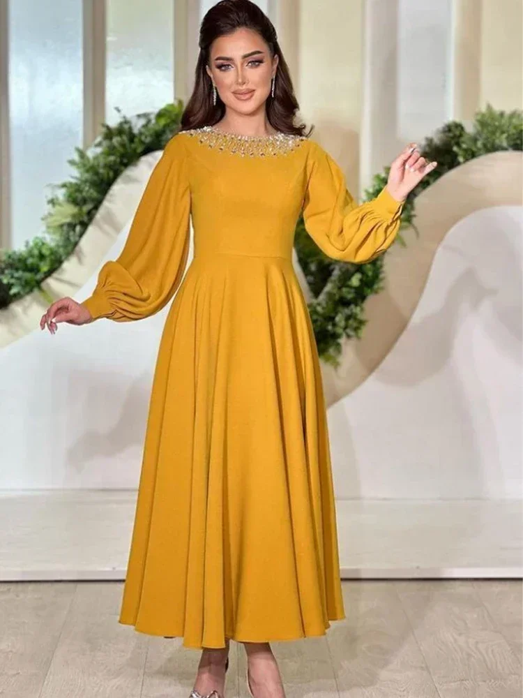 Evening Dresses Classic Jersey Pleat Rhinestone A-line Scoop Neck Midi Dress Exquisite High Quality Party Gowns Women Customized
