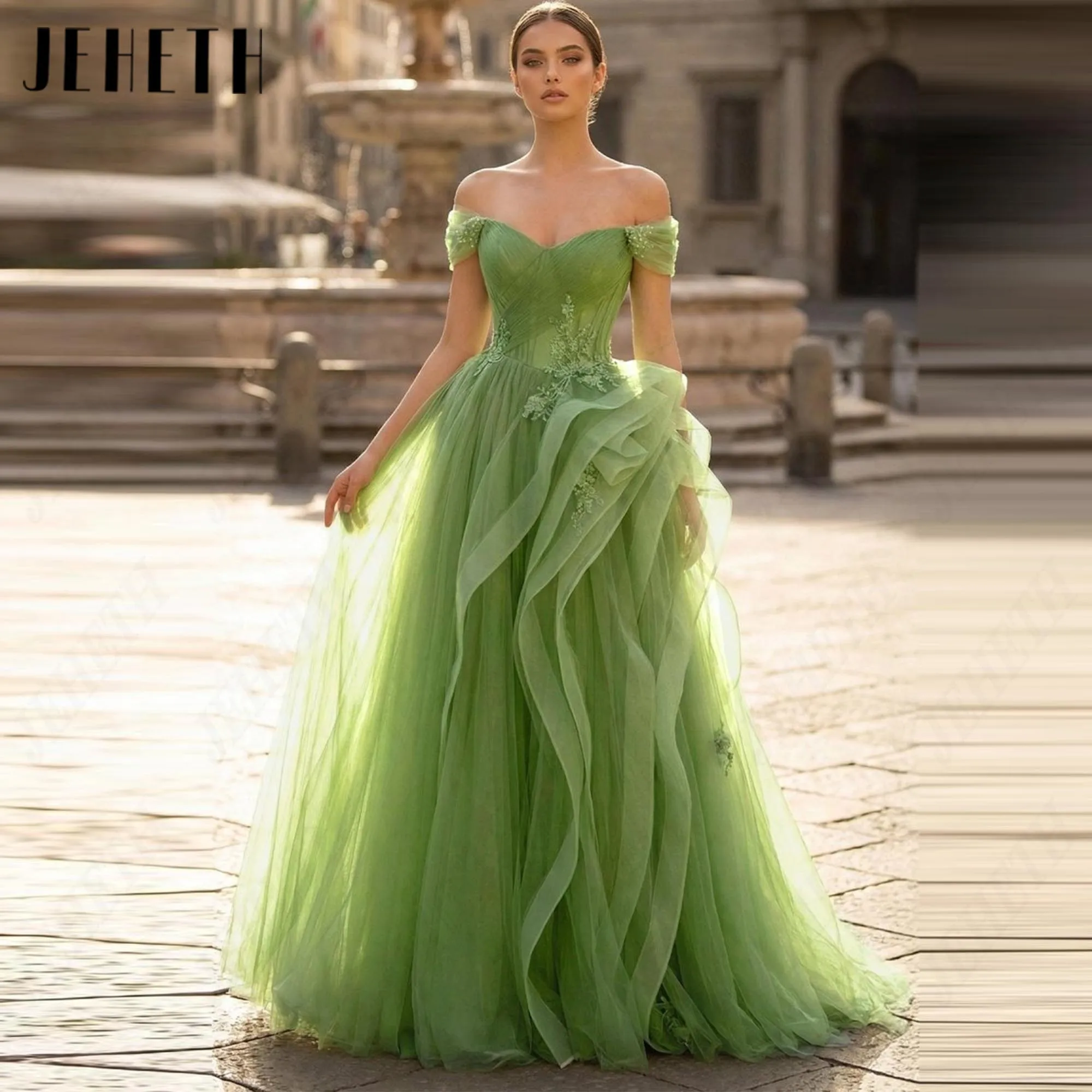 JEHETH Appliques Tulle Prom Dress 2026 Sweetheart Ruched Evening Dresses Off the Shoulder A-Line Vestidos De Fiesta Customized