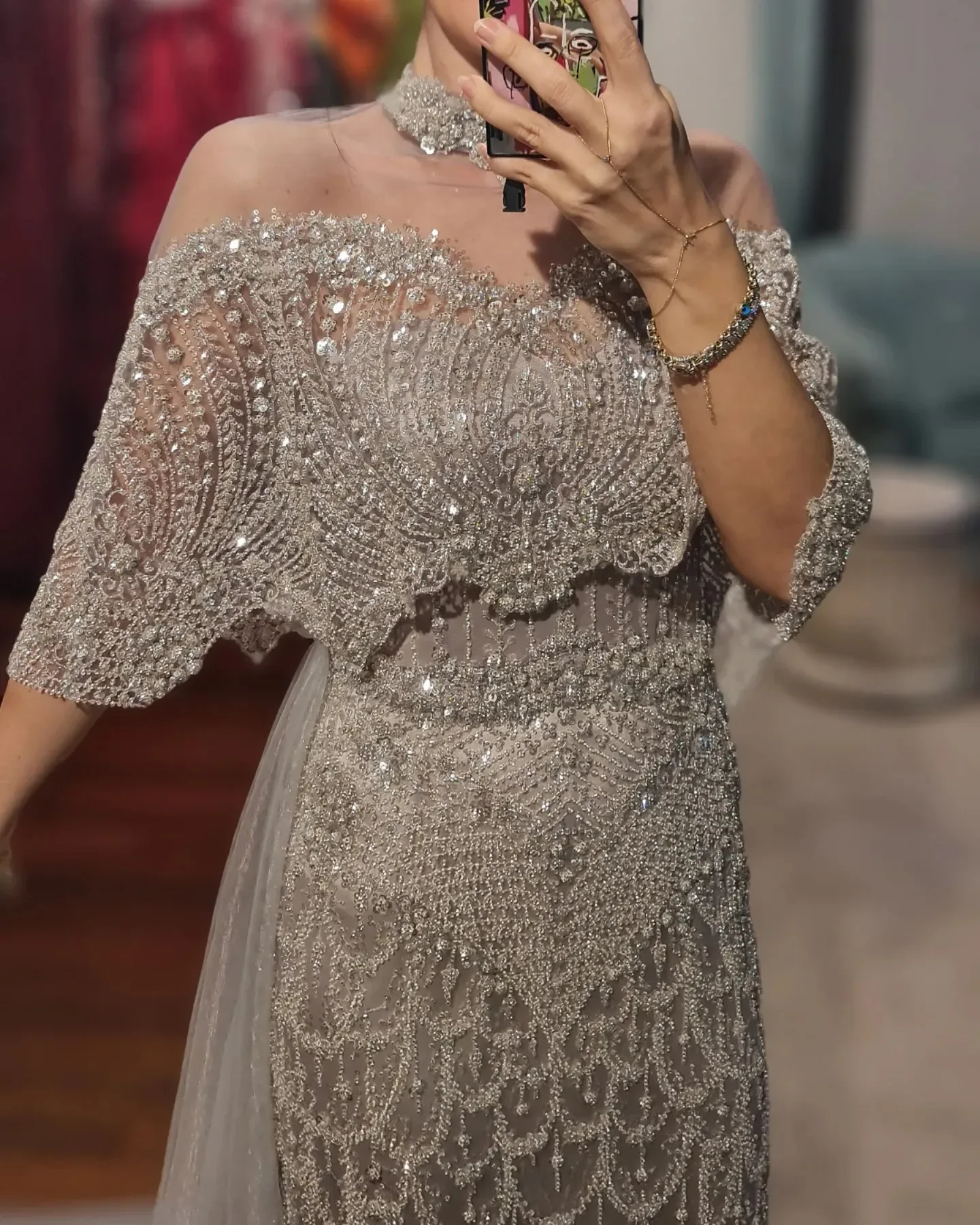 Aunber Customized Speicial Dresses Glitter Crystals Gems Cape-neckline Detachable Cloak Sheath Sequins Skirt Tassels-Beadedings