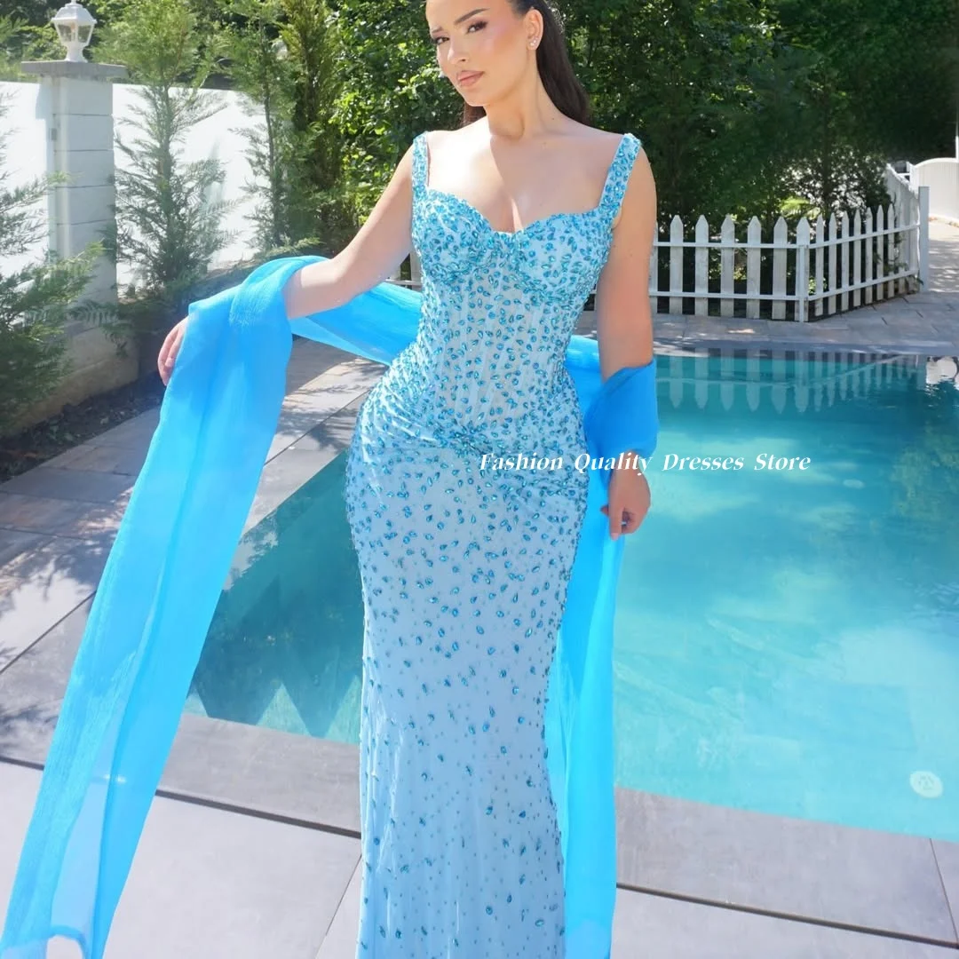 Evening Dress Dubai Luxury Mermaid Formal Gown Sweetheart Blue Crystal Beaded Tulle Long Dress With Shawl Customized
