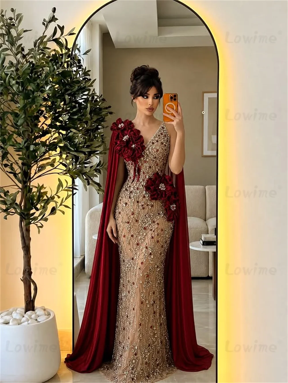 Customized Burgundy Velvet One Shoulder Party Dresses Cape Sleeve Mermaid Prom Dress With Rhinestone Beaded Arabic Evning Gowns