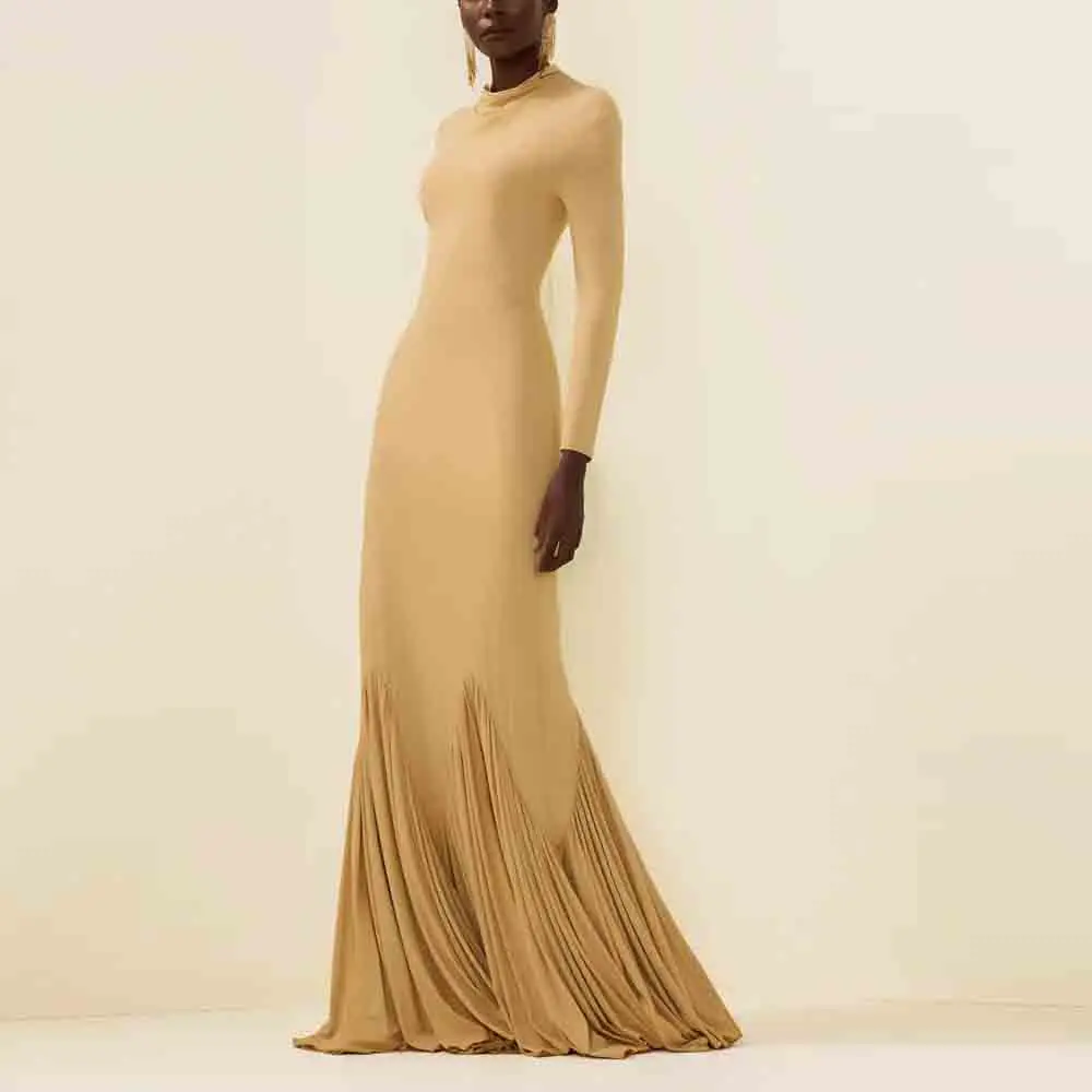 Customized Cowl Neckline Pleat Evening Dress Mermaid Long Sleeves Evening Gown High Collar Trumpet Formal Maxi Dress