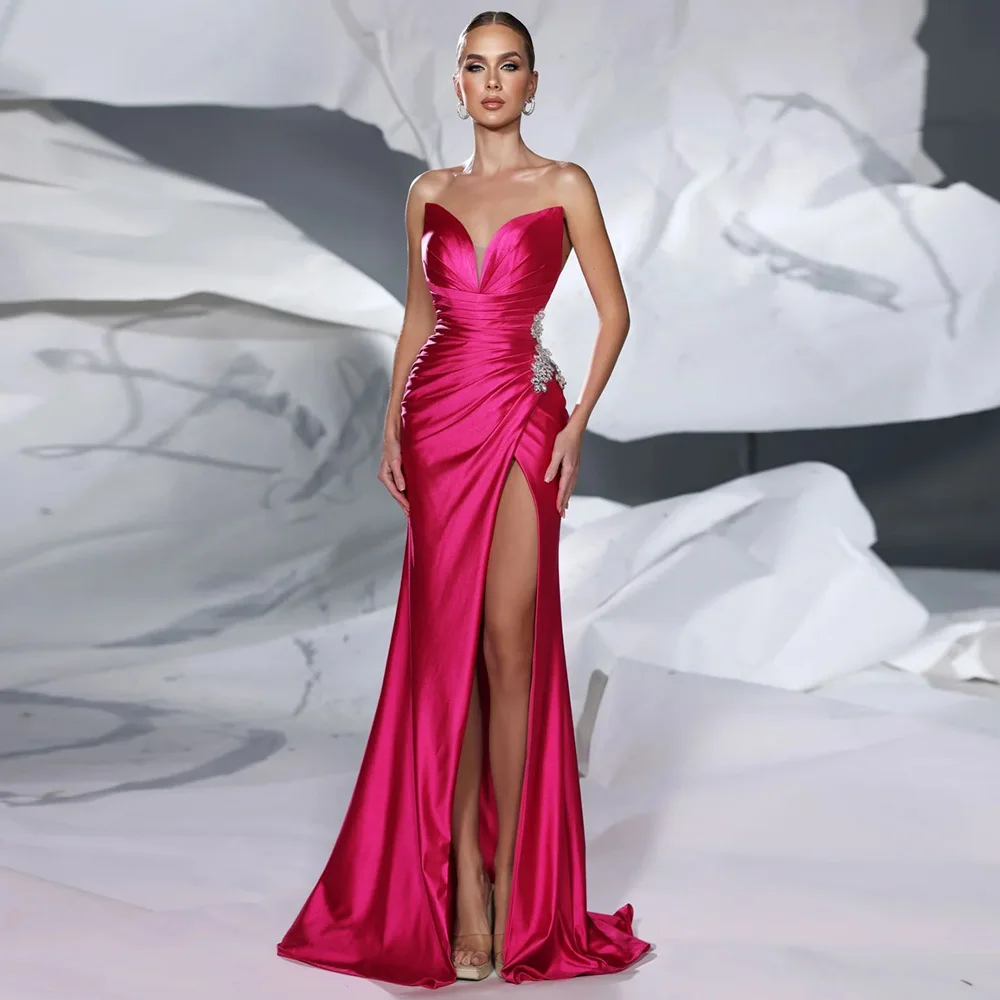 Fashion Evening Dress V Neck Sleeveless Pleat Rhinestone High Slit Mermaid Prom Gown Formal Party Dresses Custom Color