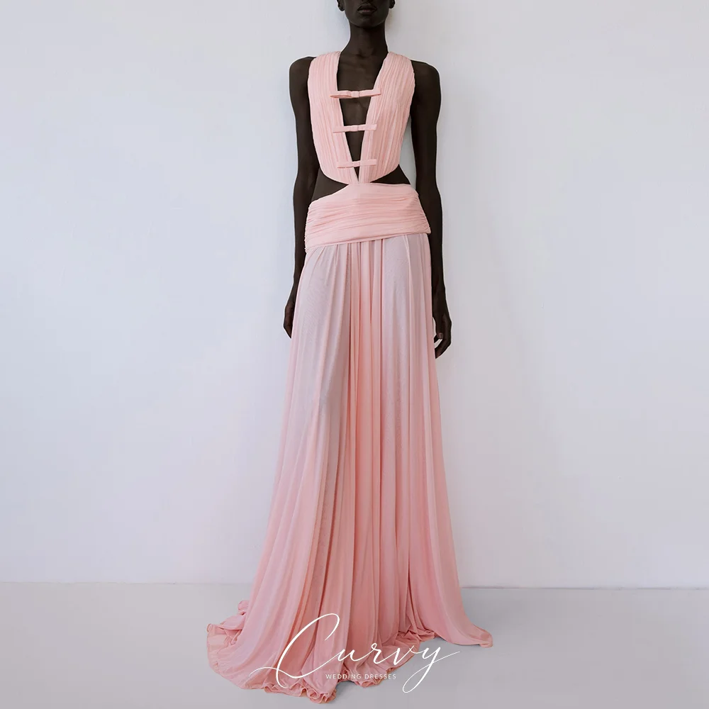 Curvy Elegant Sexy Evening Dress Halter Pleated Cutout Floor Length Flowy Gown for Women Customized Cocktail Party Customized