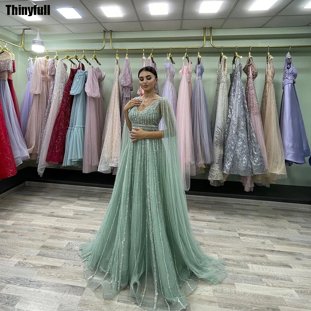 Thinyfull Arabic Sequin Tulle Prom Dresses A-line Cap Sleeves Evening Party Dress Customized Formal Occasion Gown Robe De Soirée
