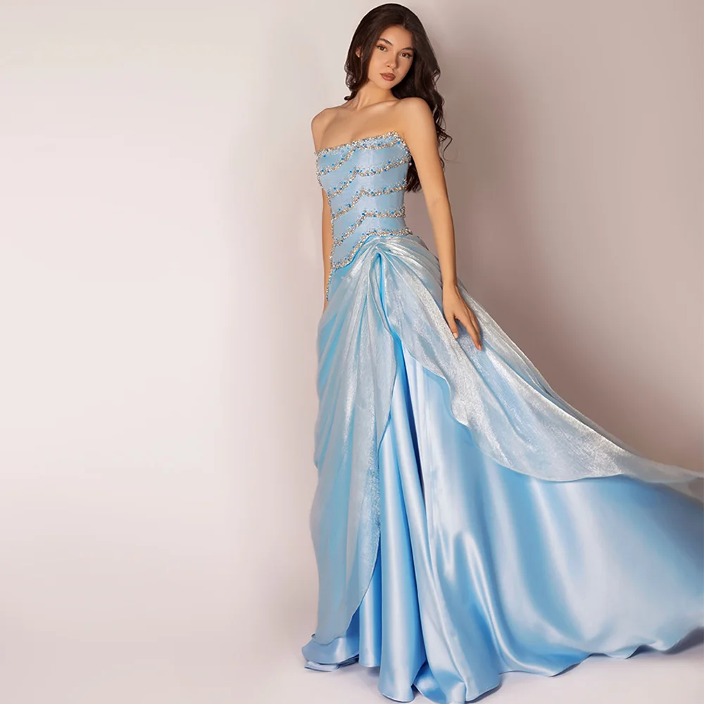 High Quality Satin A-Line Homecoming Dress Luxury Organza Evening Dress with Pearls Strapless Sleeveless Customized Prom Gowns