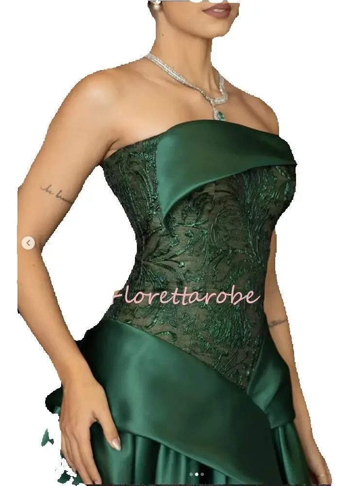 Customized Dark Green Satin Strapless A‑Line Evening Dresses Bodice Pleated Waist Prom Dress Party Dress