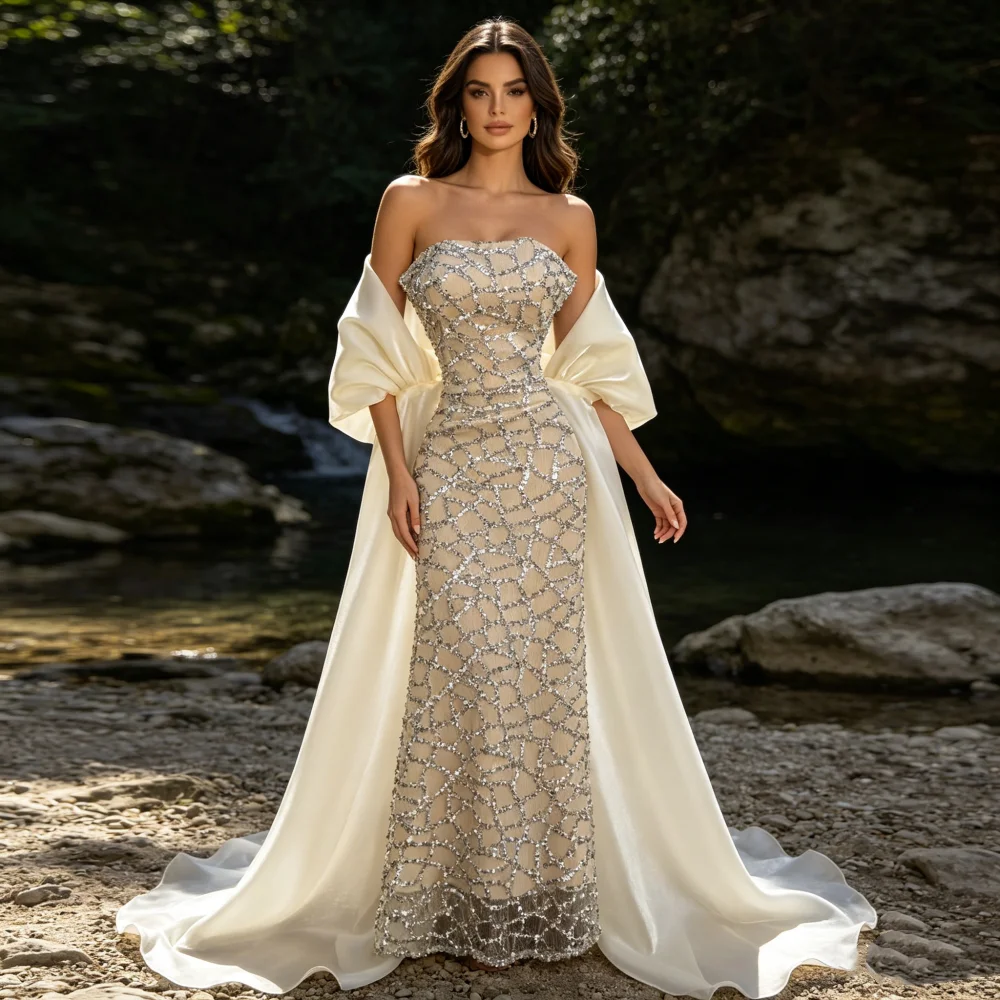 Customized Luxury Sparkle Evening Dress Off-the-shoulder Long Shawl Trumpet Long Dresses Elegant Party Wedding Gorgeous