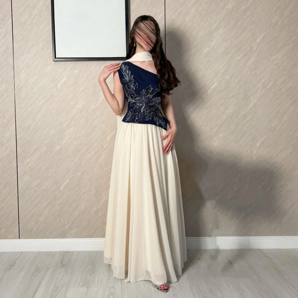 Customized Exquisite One-shoulder Sleeveless Formal Evening Gowns Glitter A-line Long Dresses Prom Dresses Party Gown