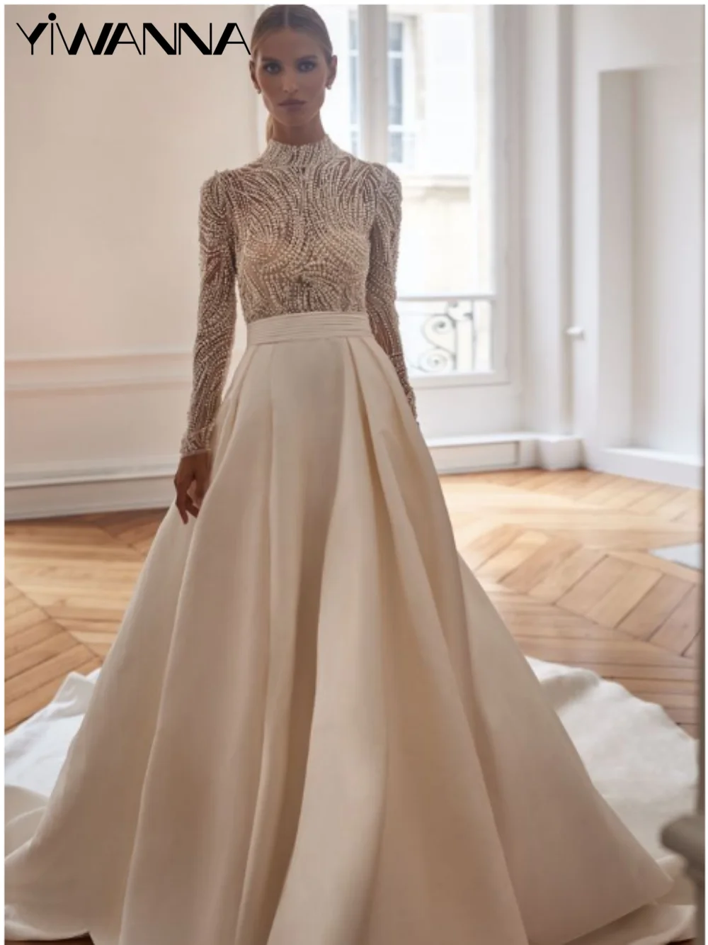 Modest High Collar Long Sleeve Bride Robe Hand-sewn Pearls Bridal Gown Classic Satin Wedding Dress Customized Vestidos De Novia
