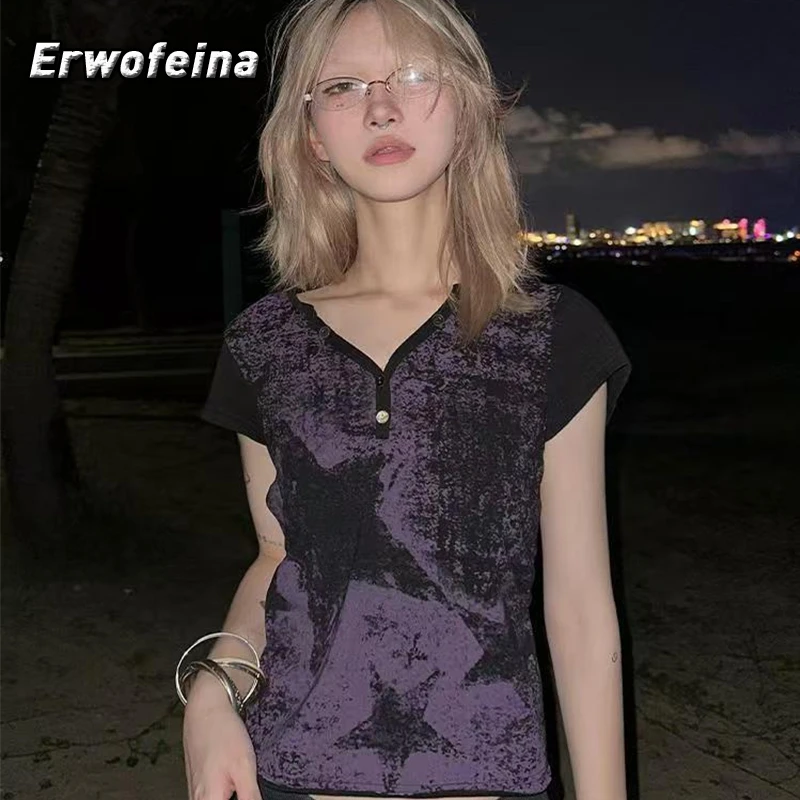 Erwofeina Gothic Graphic T Shirts Short Sleeve Tee 2000s Clothes Y2k Female Clothing V Neck Print Top Korean Fashion Summer Tees
