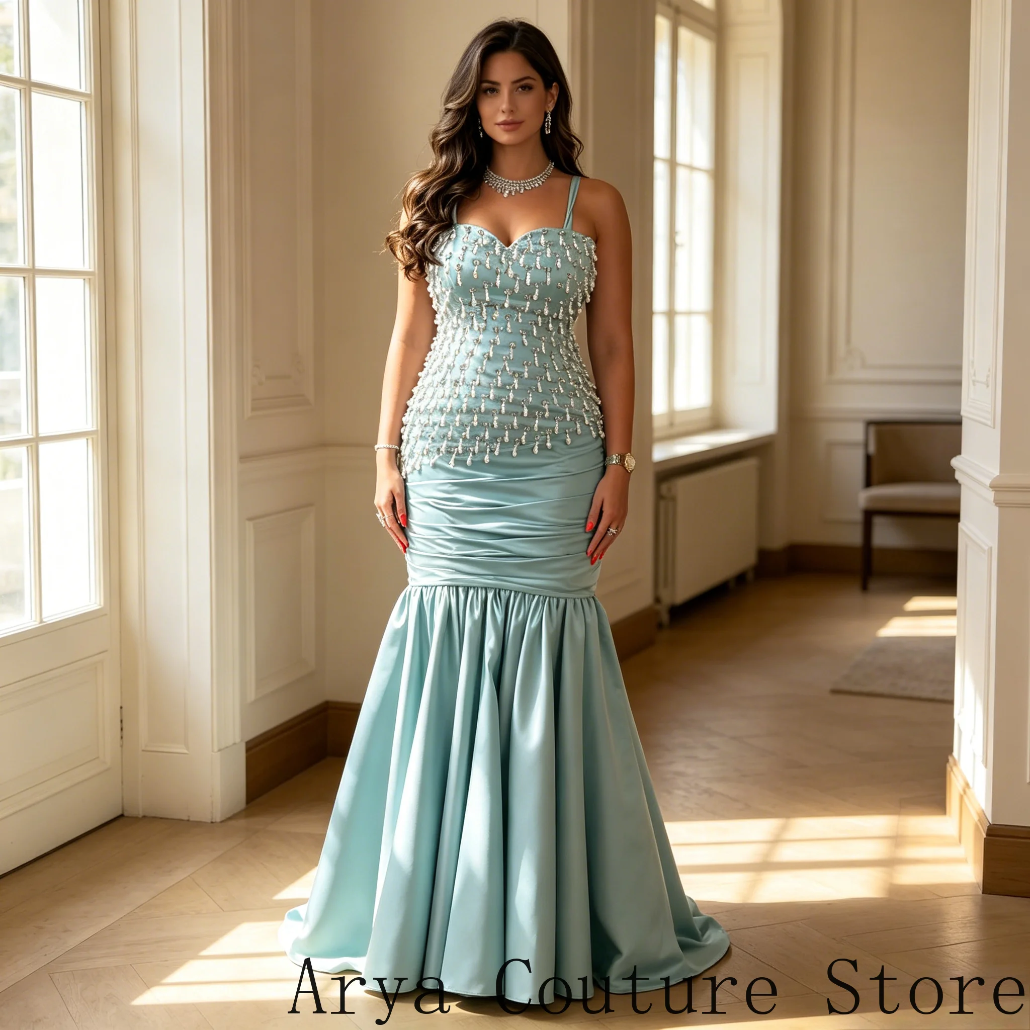 Customized Green Mermaid Evening Gown Featuring Thin Spaghetti Straps, Sweetheart Neckline Fully Covered With Hand Sewn Pearls