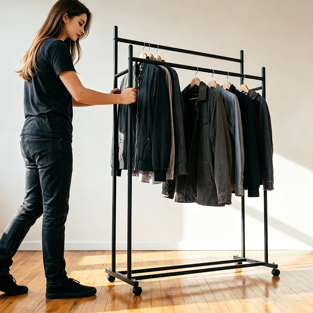 Heavy-Duty Metal Double-Rod Black Clothes Rack, Freestanding Double-Layer Garment Rack, Clothing Storage Device with Movable Swivel Wheels, Suitable for Hanging Heavy Clothing, Coats, Dresses Home Decoration Coat Rack, Suitable for Homes and...