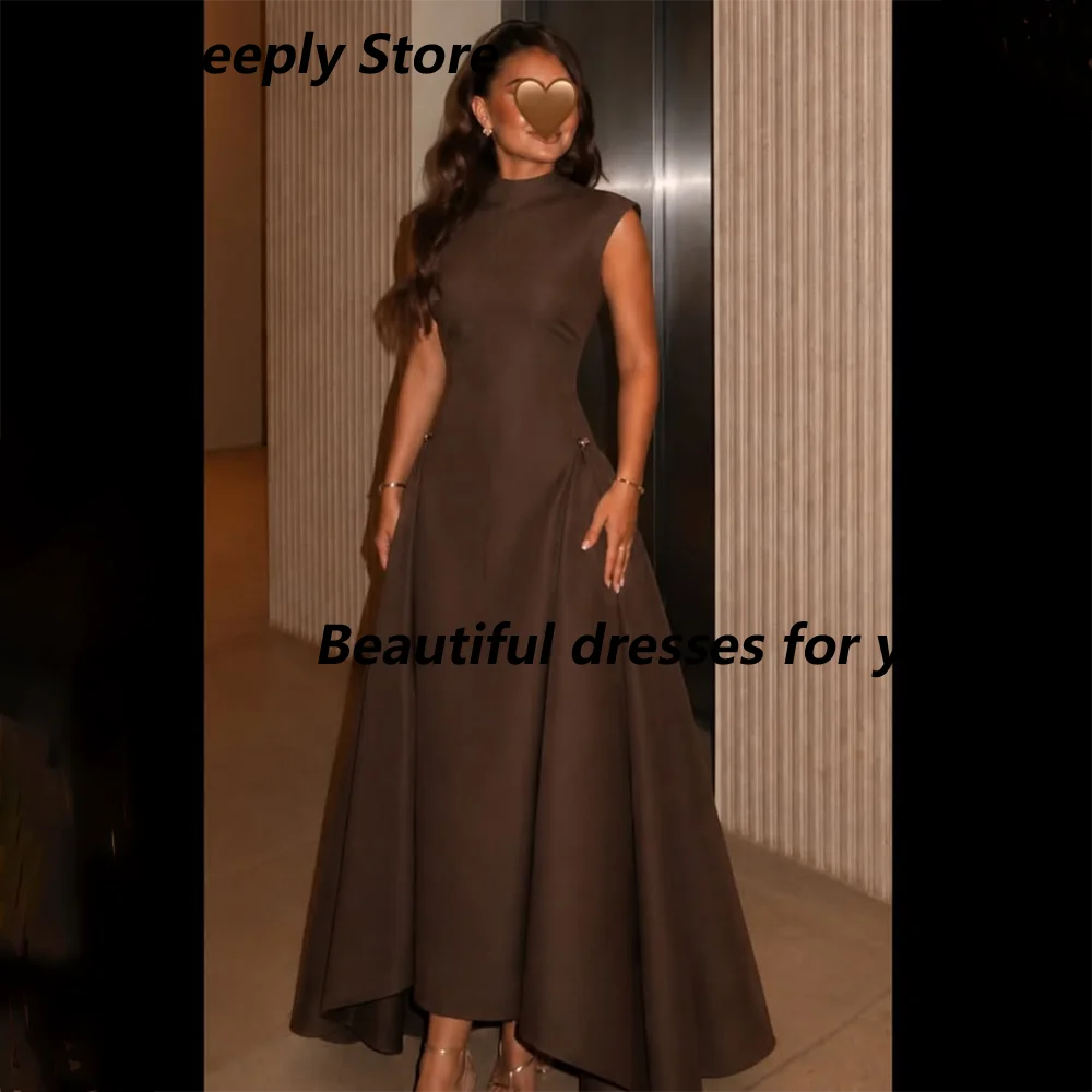 Brown Evening Dress Customized Sleeveless High Neck Pleated Satin A Line Ankle Length Prom Gown Saudi Arabia Formal Party Dress