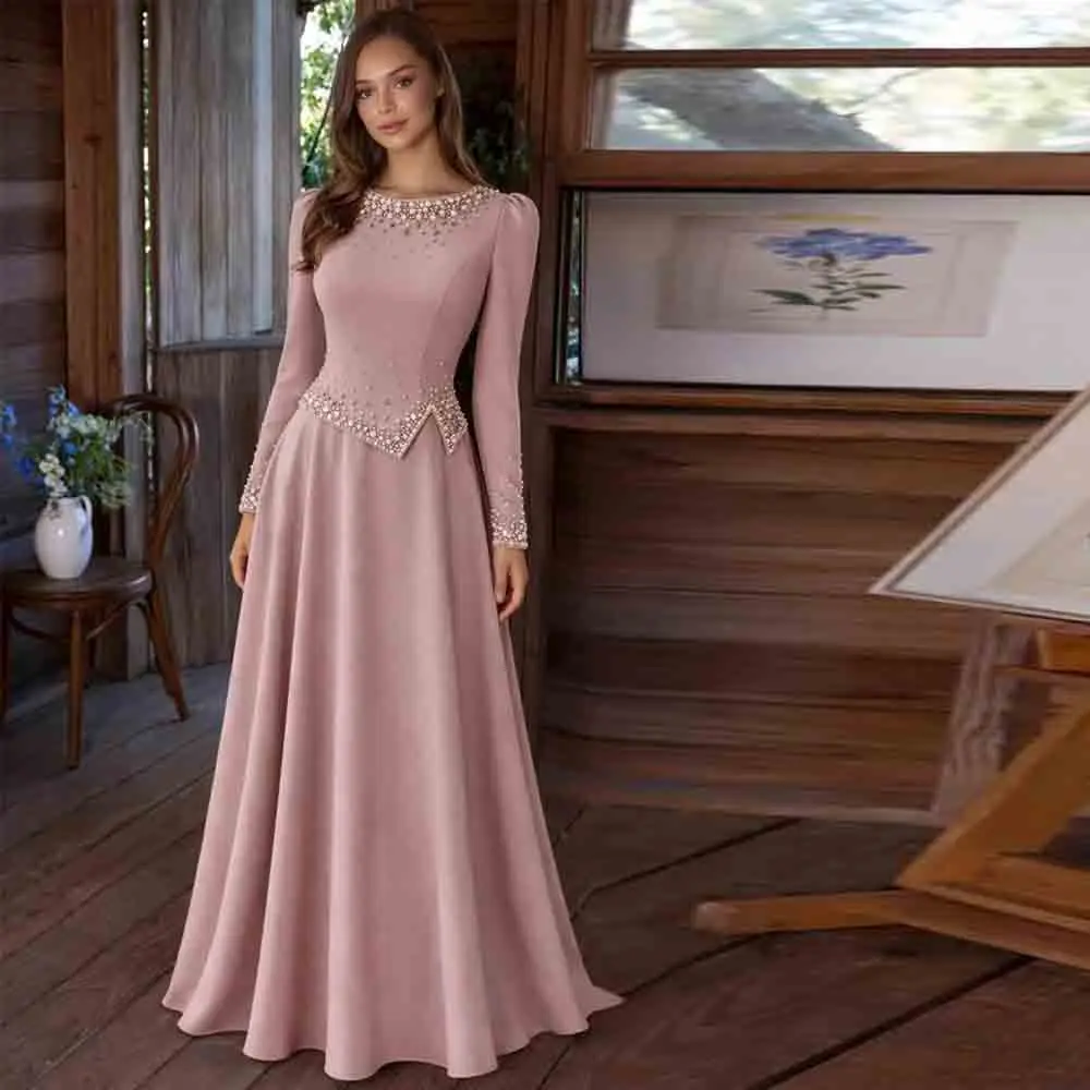 Customized Elegant Muslim Evening Dress 2026 Pearl Rhinestone Peplum Hijab Dresses Jersey Pleat Islamic Maxi Gown