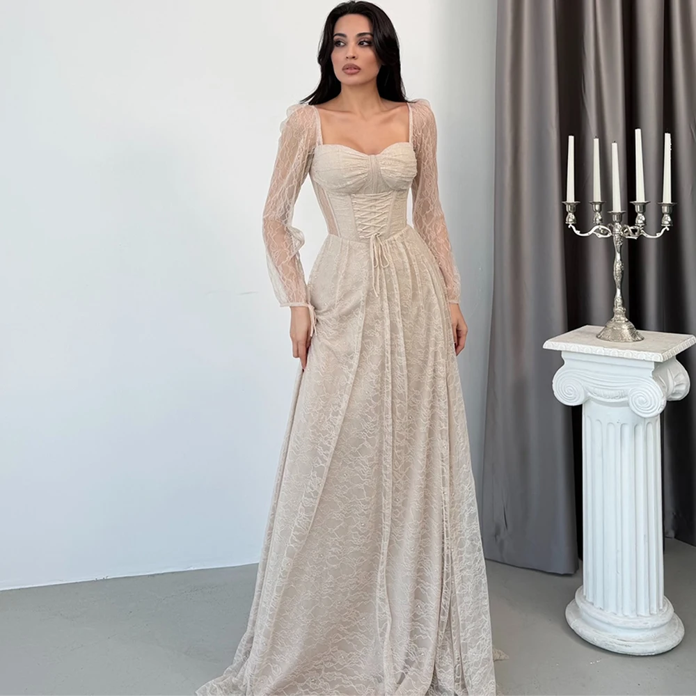 Elegant Lace Evening Dress Classic Square Collar Party Dresses Fashion Backless Long Sleeves Customized Special Occasion Gowns