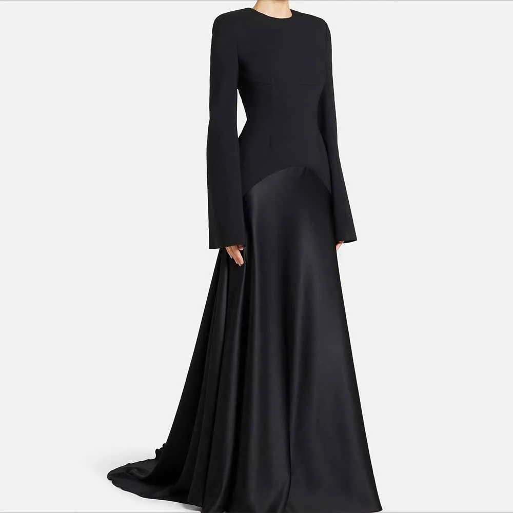 Classic Women's Evening Dresses Satin&Jersey A-line Celebrity Dress Black O-Neck Ruched Splicing Tailing Prom Dresses for Ladies