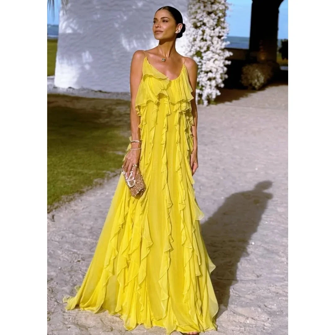 Chiffon Ruffles Evening Dresses Spaghetti Straps vestidos de noche Backless Prom Dress Summer Wedding Party Gown Customized