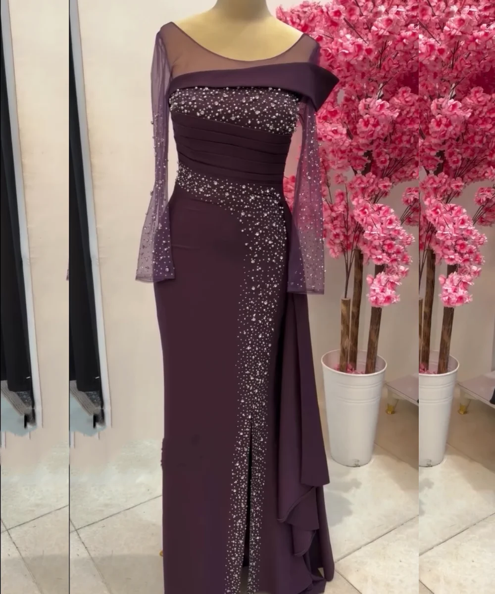 Customized Simple Jersey Pleat Sequined A-line Scoop Neck Long Bespoke Occasion Luxury Party Dresses Exquisite