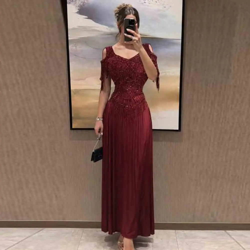 Customized Burgundy Cold Shoulder Evening Dress Beaded Fringe Pleated Formal Party Gown for Women
