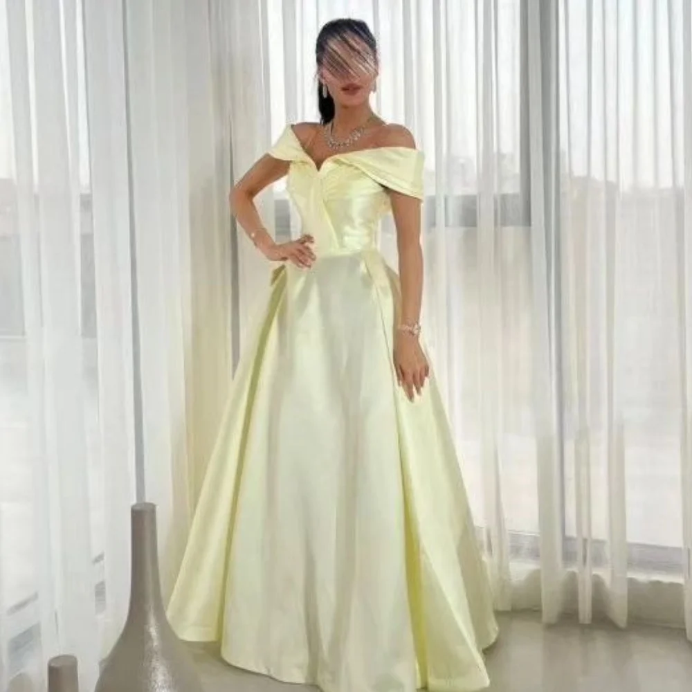 Customized Casual Satin Ruched A-line Off-the-shoulder Long Dresses Prom Dresses Simple Retro Fashion Elegant Exquisite Sexy