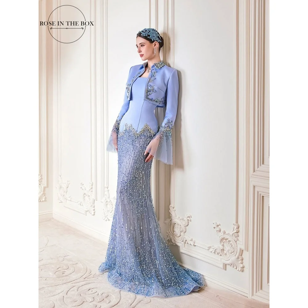 ROSEINTHEBOX Customized 2 Pieces Satin Formal Evening Dresses with Lace Sequined Hem Mermaid Strapless Luxury Beads Party Gowns