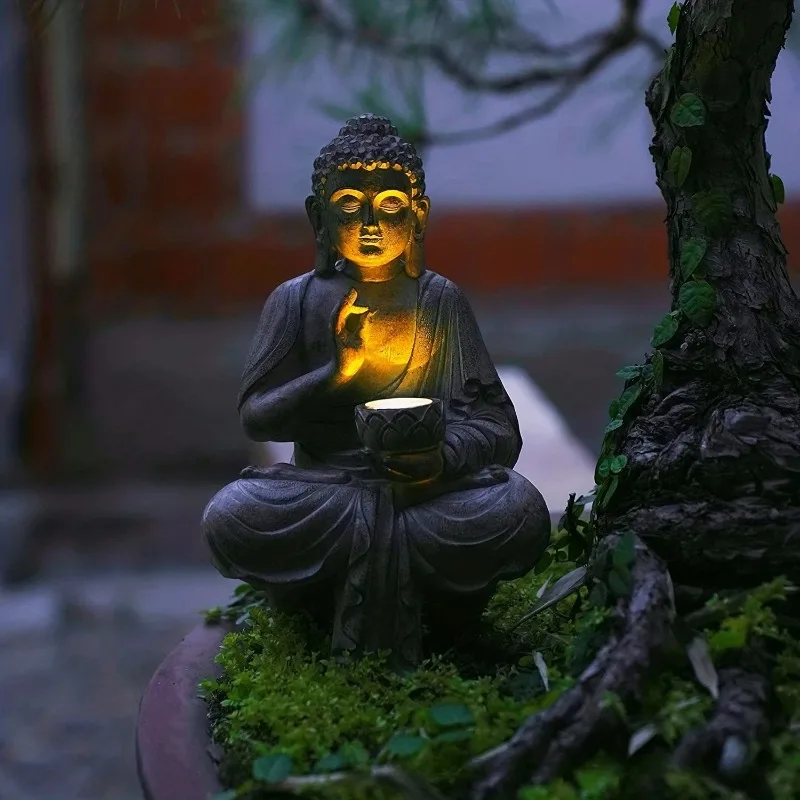 Resin Solar Buddha Sculptures Garden Decor Light Zen Japanese Garden Decoration Outdoor Front Porch Patio Yard Monk Figurines