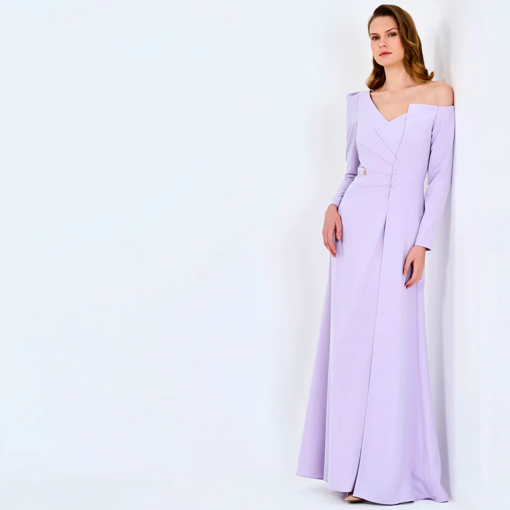 Customized Lilac Evening Dress With Split Cap Sleeves A Line Formal Evening Gown Satin Maxi Length Wedding Guest Outfit