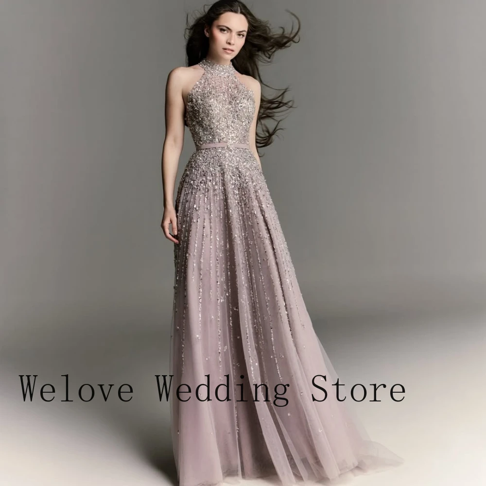 Dusty Rose Formal Evening Gown with Halter Neck, All-Over Beaded Sequins, Tulle A-Line Skirt and Flowing Hem for Prom