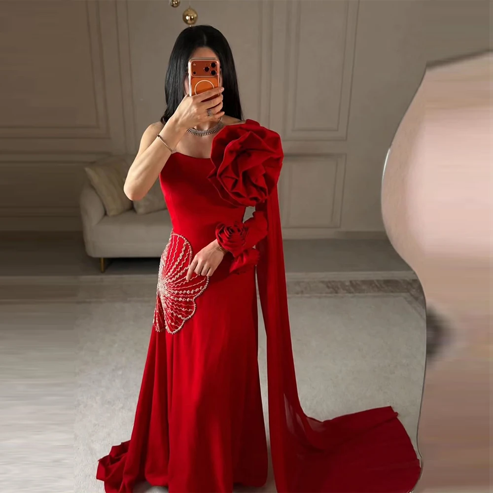 Luxury Mermaid Evening Dress Charming One Shoulder Flowers Sweep Train Celebrity Gowns Fashion Jersey Customized Party Dresses