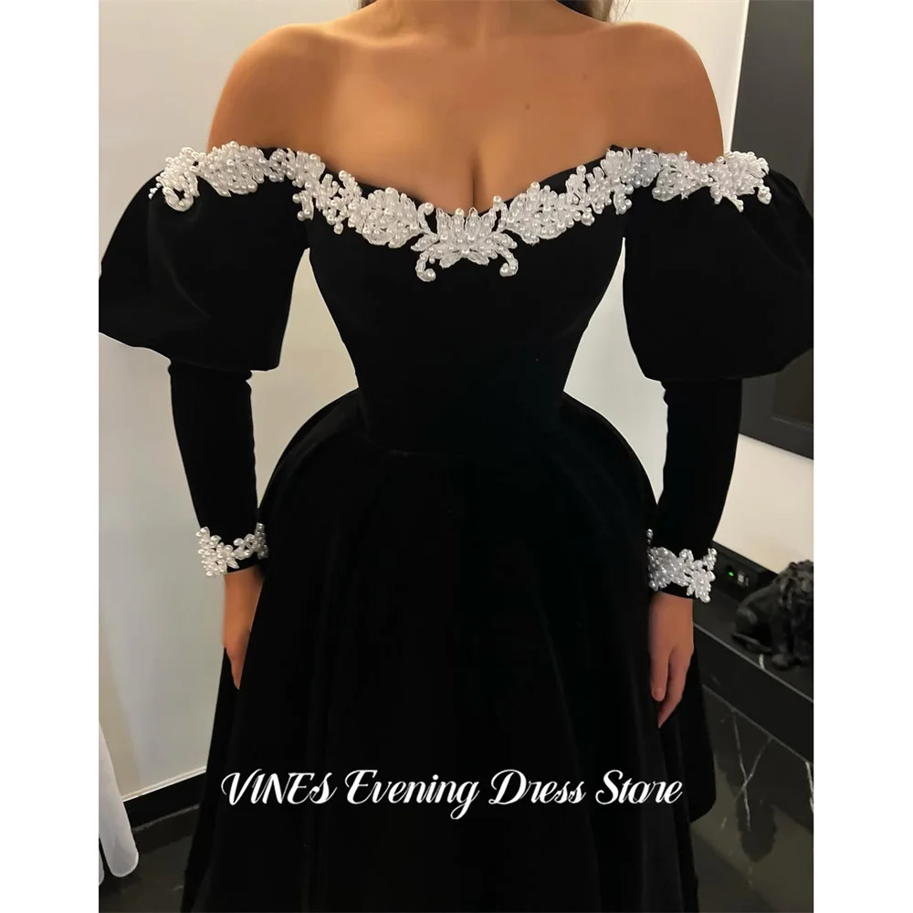 VINES Black Velvet Formal Gown Bubble Sleeves Prom Dresses with Pearls Evening Dress Off the Shoulder Modern Style Customized