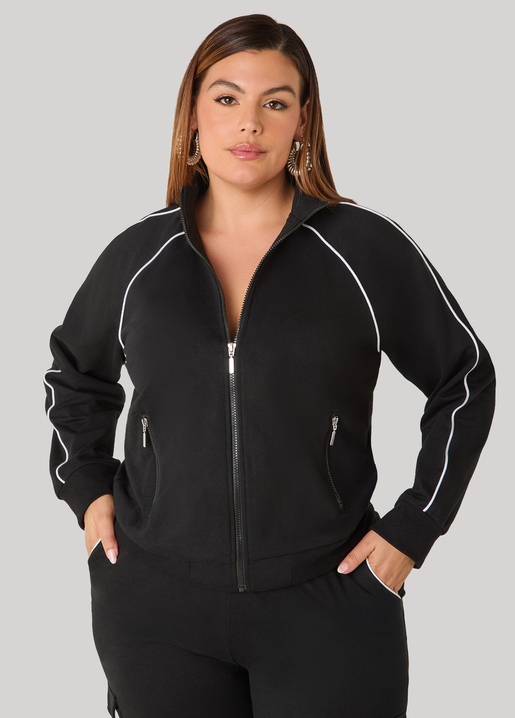 Plus Size Piped French Terry Track Jacket