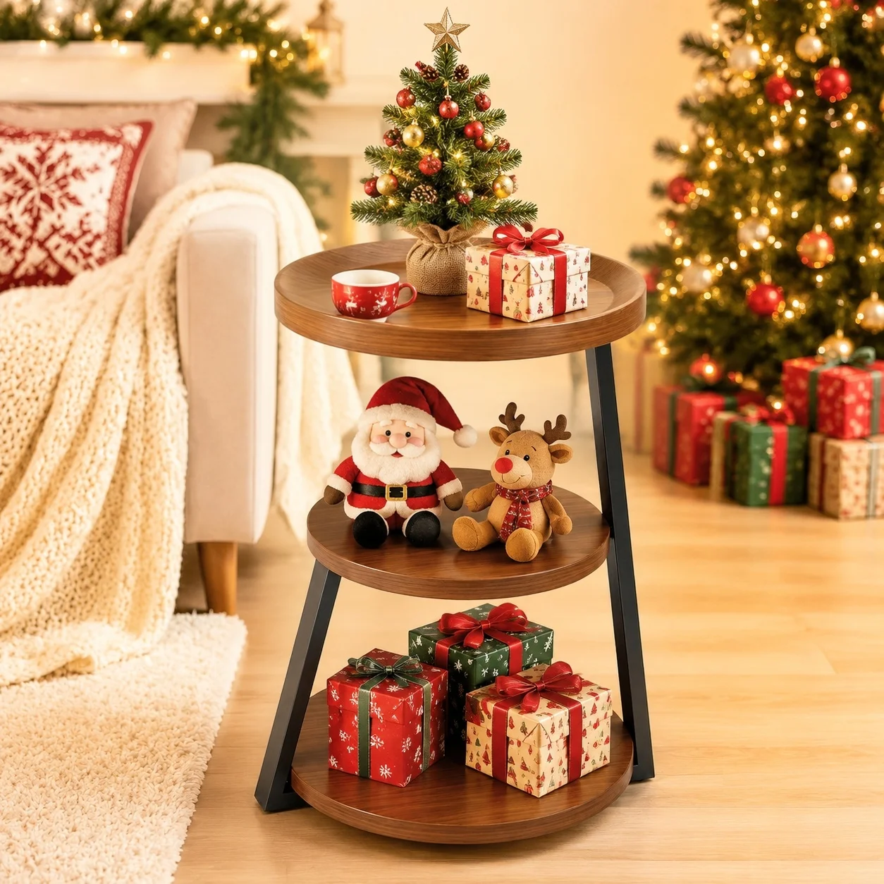 Beistelltisch Rund 3 Ebenen Mit Stauraum Holzoptik Tischplatte Stabiler Metallrahmen Kleiner Beistelltisch Für Wohnzimmer Sofa Schlafzimmer Nachttisch Couchtisch Rund Ablagetisch Neben Sofa Dekoration Weihnachtsdeko