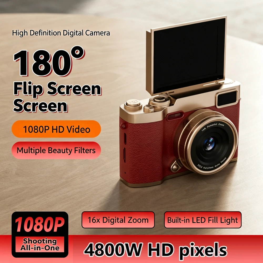 Appareil photo numérique pour étudiants avec zoom numérique 16X, 4800W pixels, appareil photo numérique portable, écran rotatif à 180°, appareil photo selfie, cadeaux