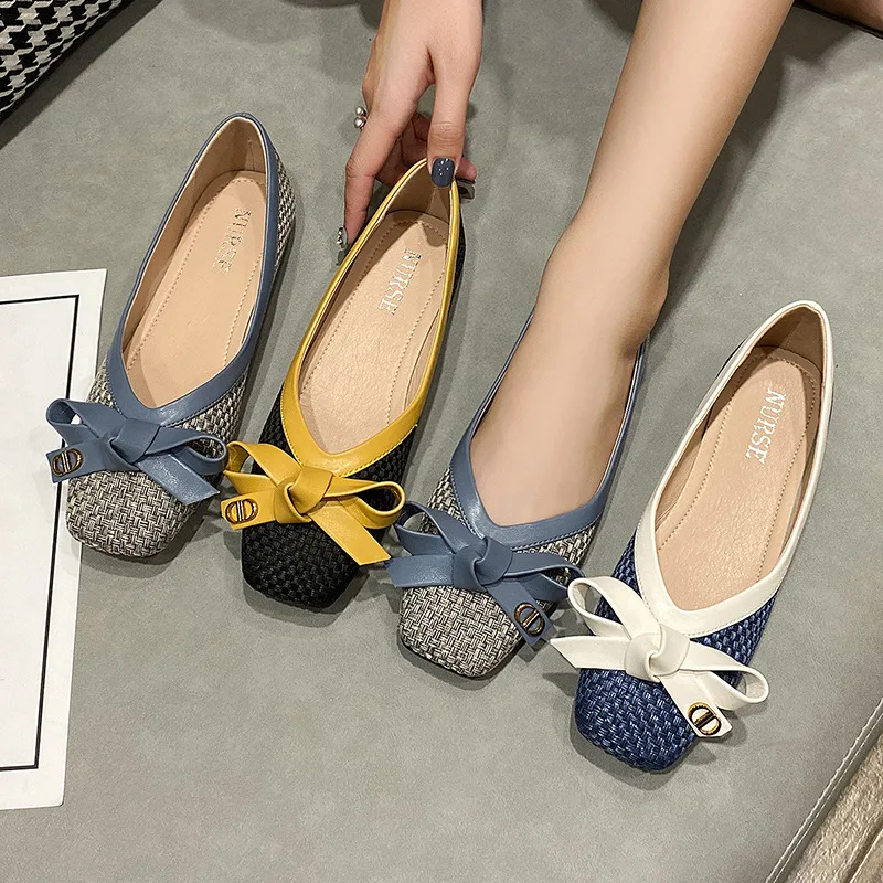 Chaussures pour femmes 2025 nouveau nœud tissé bout carré femmes ballerines Femme semelle souple grandes chaussures pour femmes de mode Chaussure Femme