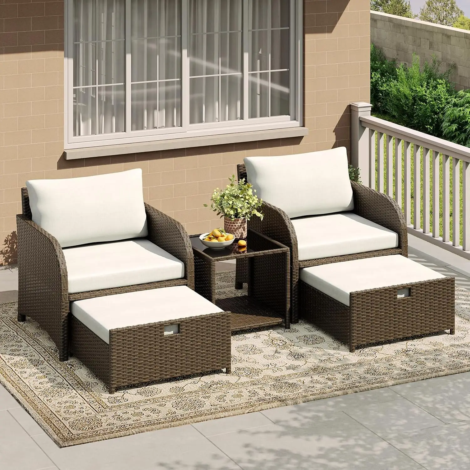 Ensemble de mobilier de balcon 5 pièces, ensemble de mobilier de jardin, salon de jardin, groupe de sièges d'extérieur | Ensemble de salon de terrasse en rotin comprenant 2 fauteuils, 2 tabourets et une table basse pour jardin, terrasse.