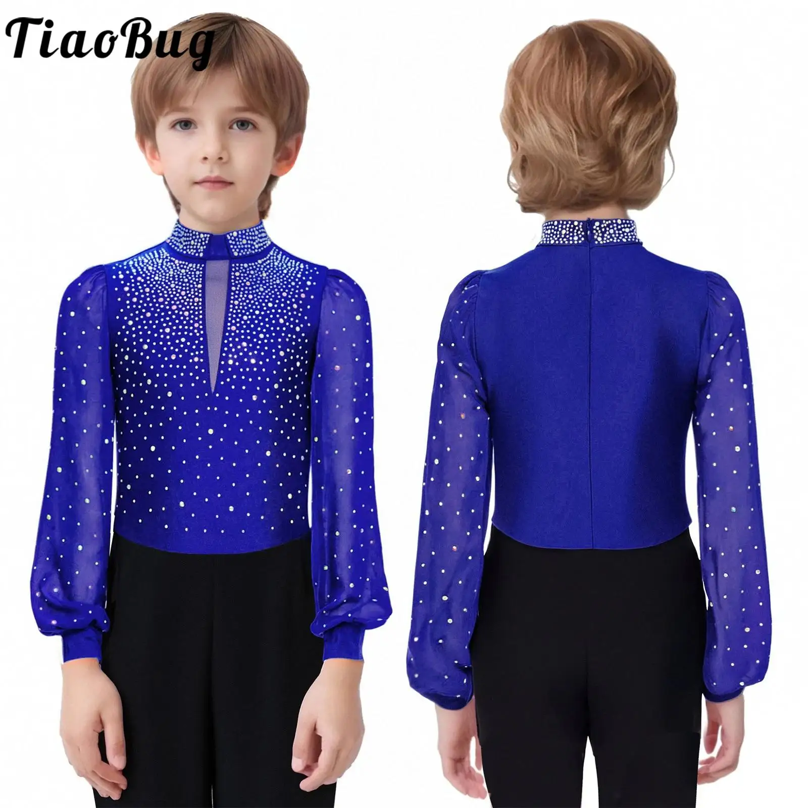 Combinaison de danse Tango latine pour garçon, justaucorps de gymnastique, patinage artistique, manches longues, strass brillants, vêtements de danse pour salle de bal