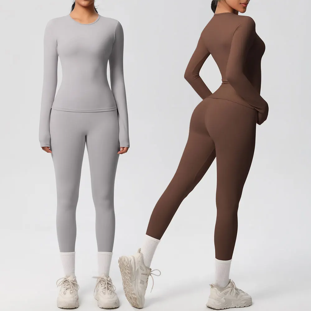 JUREN 2 pièces Yoga costume ensemble de sport femmes vêtements de sport ensemble de gymnastique femmes survêtement course entraînement à manches longues chemise de sport vêtements de Yoga