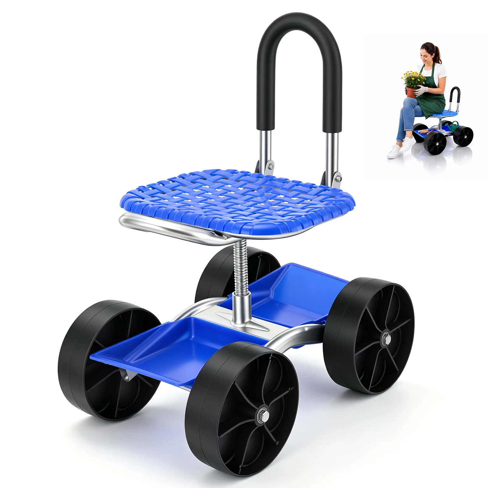 Chariot de jardin roulant avec siège de travail et roues, siège de jardin roulant, 360° ° Tabouret de jardin rotatif, réglable en hauteur, mobile, chariot de jardin roulant avec poignée et compartiment de rangement, pour le travail de jardinage