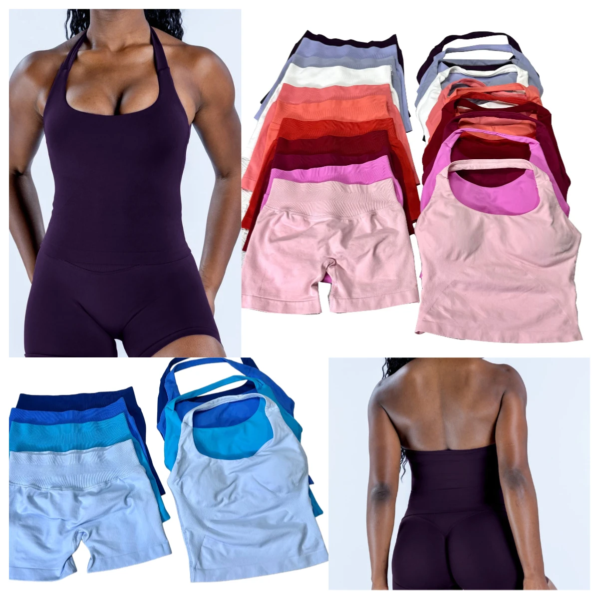 Tenues de yoga pour femmes, ensemble sport 2 pièces, haut dos nu à col halterneck, short sans coutures effet push-up, vêtements de sport pour la salle de sport et l'entraînement.