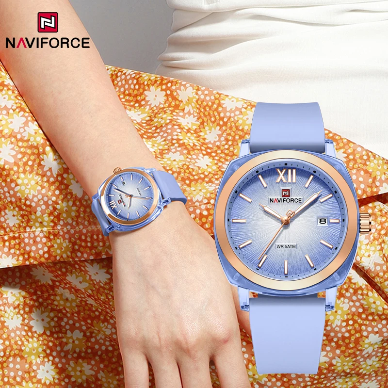 NAVIFORCE Montres à quartz pour femmes, simples, élégantes et tendance, avec calendrier, étanches 5ATM, bracelet en silicone, montre de sport pour femmes, coffret cadeau