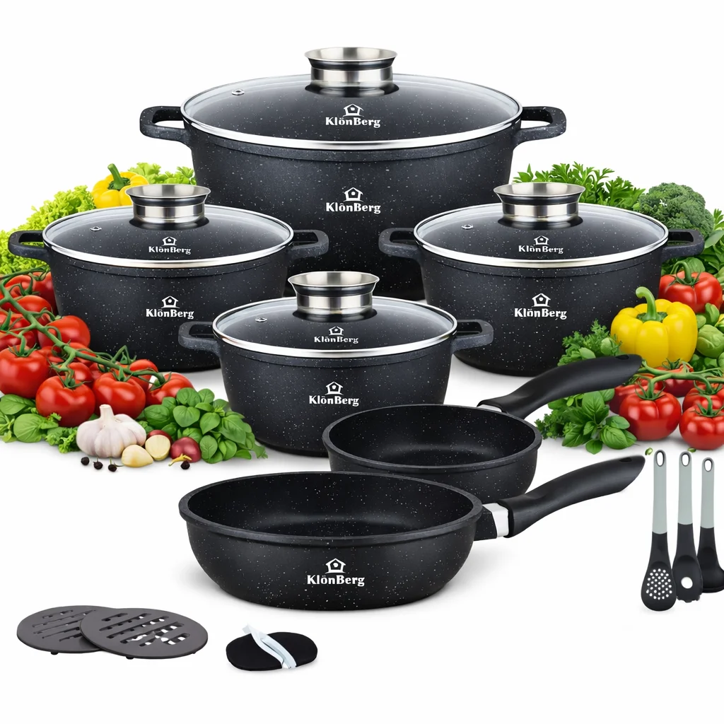 Ensemble de cuisine Klönberg de 17 pièces, en céramique et marbre, avec accessoires de cuisine | Ensemble d'ustensiles de cuisson à induction | Ustensiles de cuisine avec revêtement antiadhésif | Ensemble d'ustensiles de cuisine | Ensemble de...