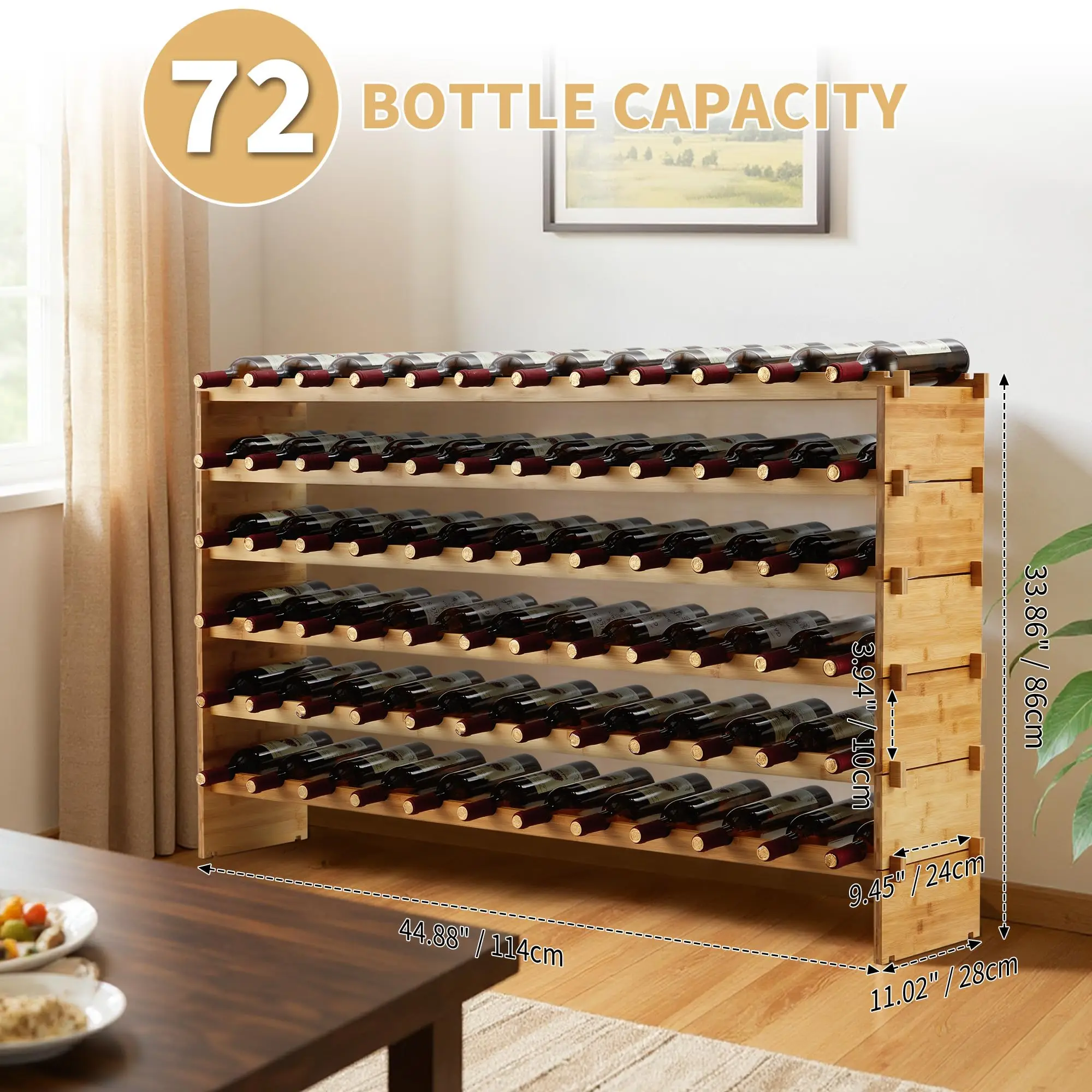 Casier à vin empilable en bambou, 6 niveaux, casier à 72 bouteilles, modulaire, montage facile, casier à vin autoportant avec étagères stables pour cuisine, bar et cave, 114x28x74 cm